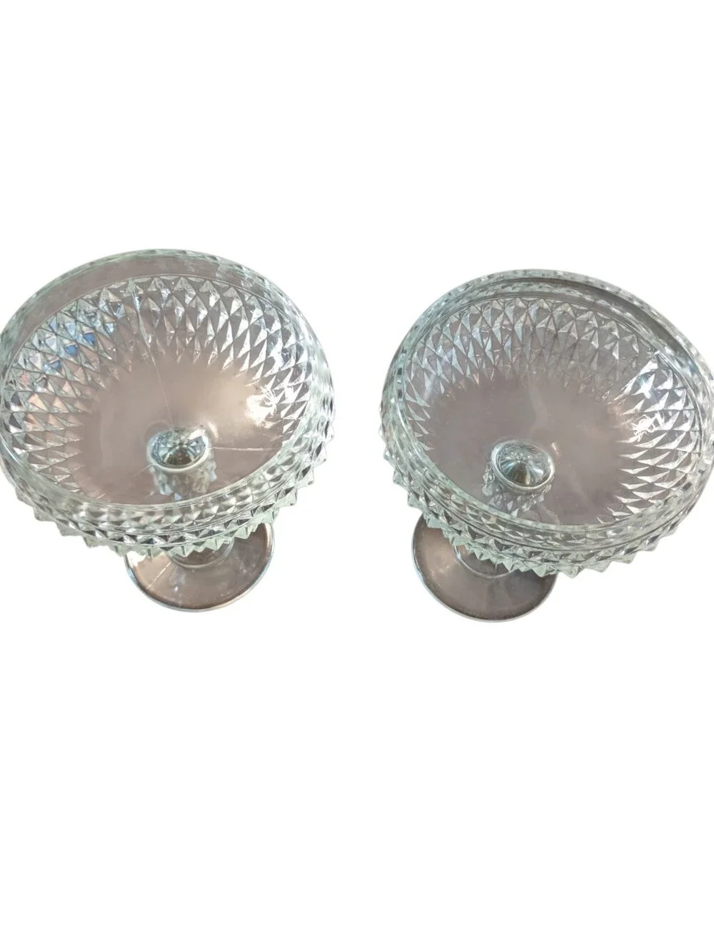 Set of 2 Indiana Glass Diamond Point Clear Pedestal Compote